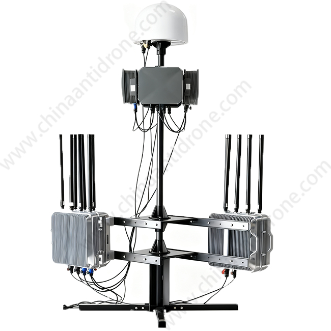 Fixed Drone Detection and Defense system with spoofing capabilities provides comprehensive aerial security by detecting tracking and neutralizing unauthorized drones