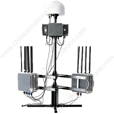 Fixed Drone Detection and Defense system with spoofing capabilities provides comprehensive aerial security by detecting tracking and neutralizing unauthorized drones